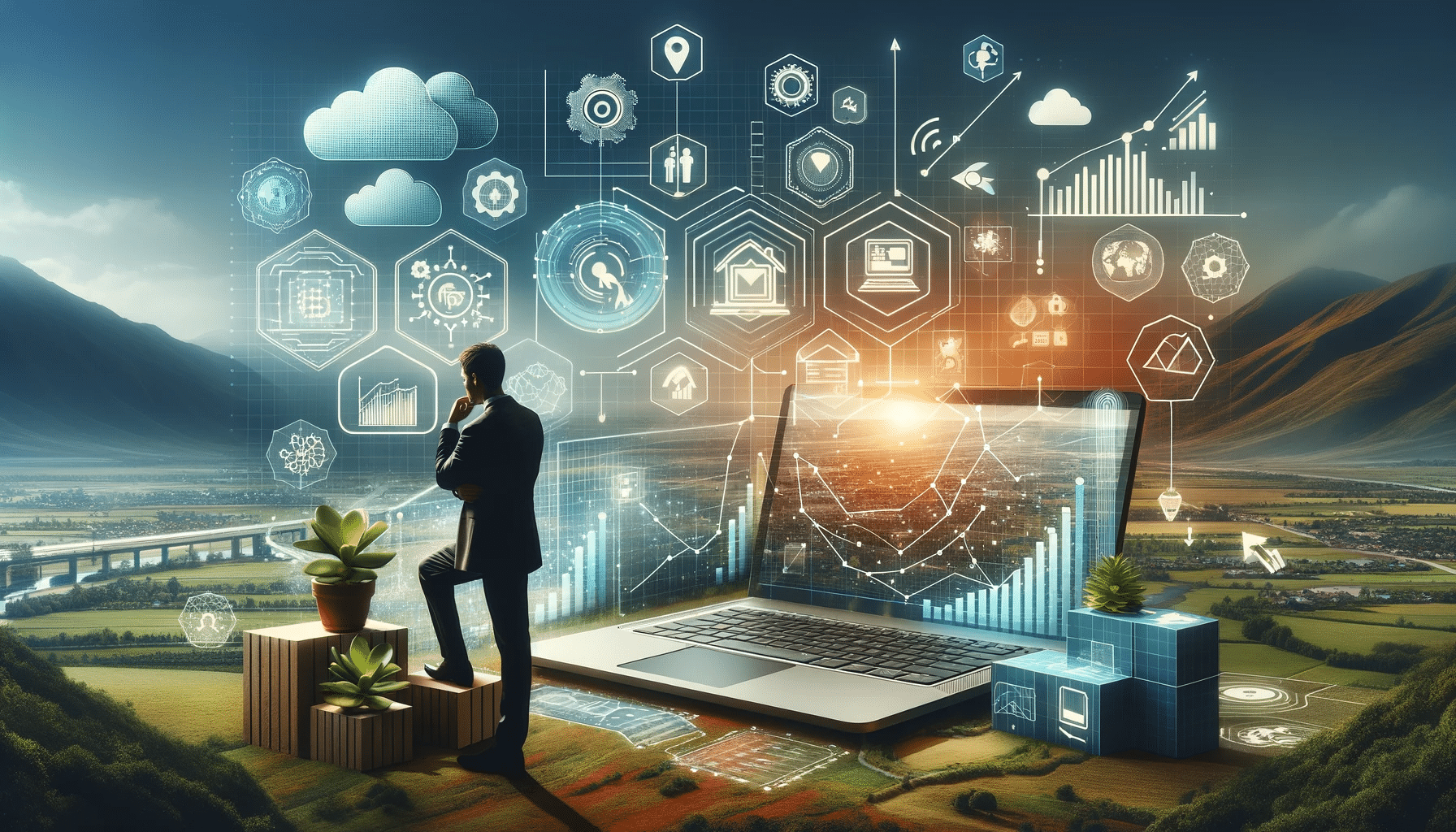 Blogs 4 DALL·E 2023 12 23 08.21.14 A landscape oriented blog image representing the theme Izaicinajumi un Risinajumi E parvaldnieka Ieviesana. The image should depict a blend of techn